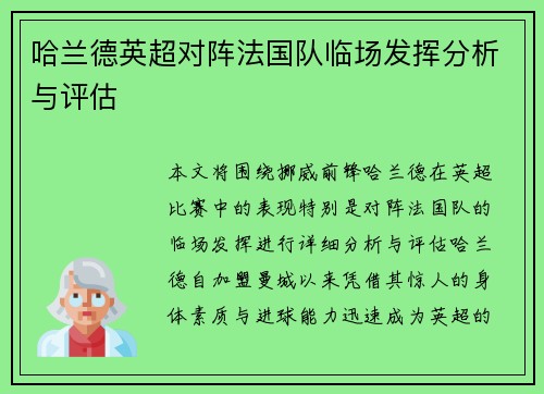 哈兰德英超对阵法国队临场发挥分析与评估